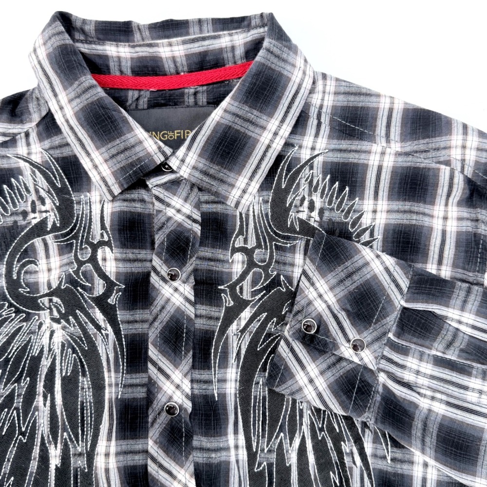 Ring of Fire‎ Shirt Mens Large Black Plaid New Embroidered Wings Snap Button L